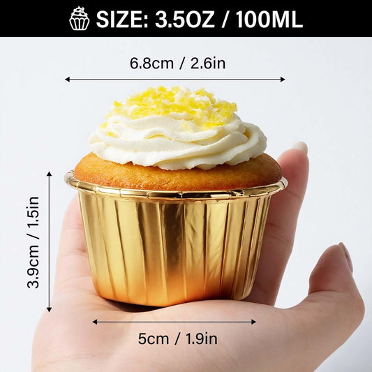 Gold Cupcake Cups, 3.5 Oz 50pcs Disposable Foil Muffin Liners, Gold Cupcake Baking Cups, Ramekin Aluminum Cupcake Tip Pan Ramekin Holders, Little Baking Cups