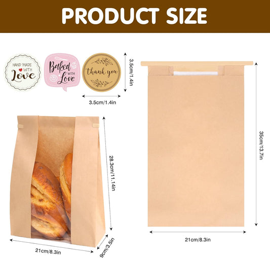 120 Pack Large Paper Bread Bags for Homemade Bread, 13.7x8.3x3.5 Inches, Sourdough Bread Bags with Tin Tie Tab and Clear Front Window, Includes 144 Label Seal Stickers (Brown)