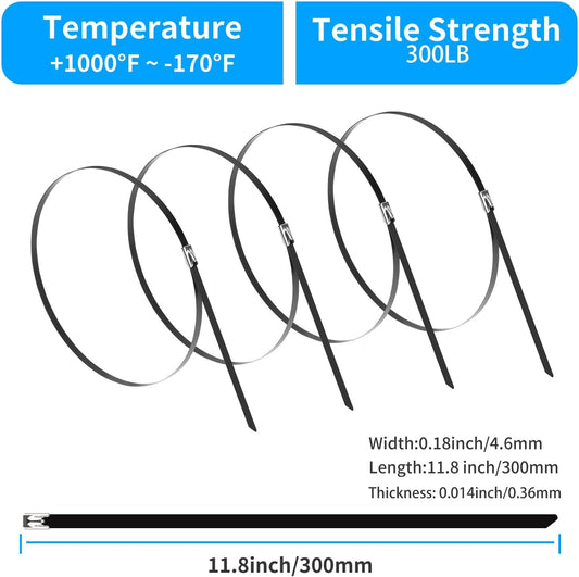 11.8 Inch Metal Zip Ties (200 Pack), 304 Stainless Steel Heavy Duty Zip Ties, 300lbs Tensile Strength, Multi-Purpose Self-locking Cable Ties for Exhaust Wrap, Outdoor and Canopy Etc