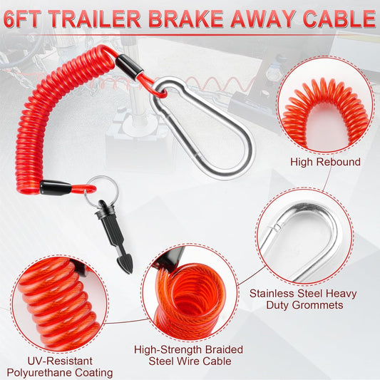 6FT Breakaway Trailer Cable,Heavy Duty Stainless Steel Spring Towing Coiled Wire,Emergency Brake Wire Camper Safety Breakaway Cable with Pin,RV Trailer Accessories