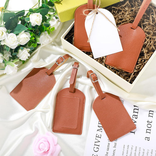 48 Sets Leather Luggage Tags Bulk Wedding Favors for Guests Bridal Gifts Shower Gift PU with Name ID Card Tag Brown