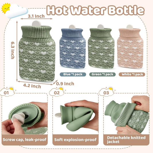 3 Pcs Mini Hot Water Bottle for & Cold Compress with Cover 320ml Silicone Microwave Heating Bottles Small Bag Travel Holiday Gift(Beige, Green, Blue,Heart Print) Beige, Blue Heart Print