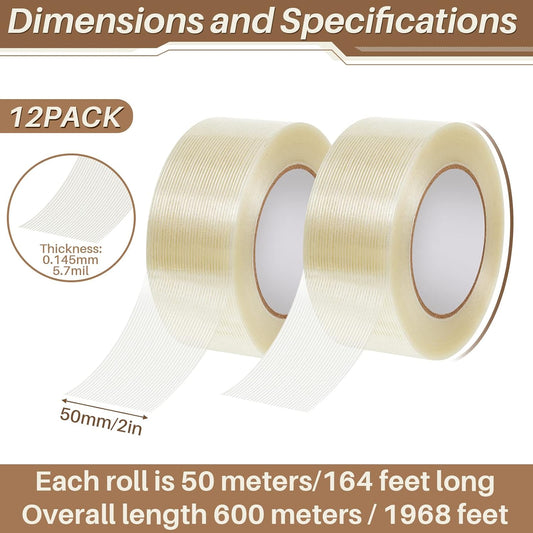 12 Rolls Filament Strapping Tape 5.7 Mil Heavy Duty Transparent Reinforced Fiberglass for Packaging Sealing Binding Fixing Supplies(2 Inch x 55 Yard) 2 Yard