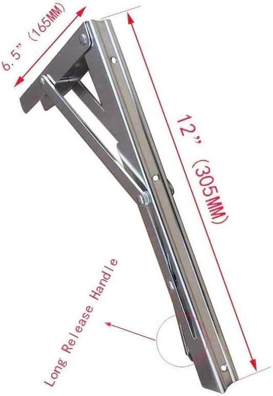 2 PCS Heavy Duty Stainless Steel Folding Shelf Bench Table Bracket, Max Load: 660lb/300kg, Long Release Arm 12 Inch