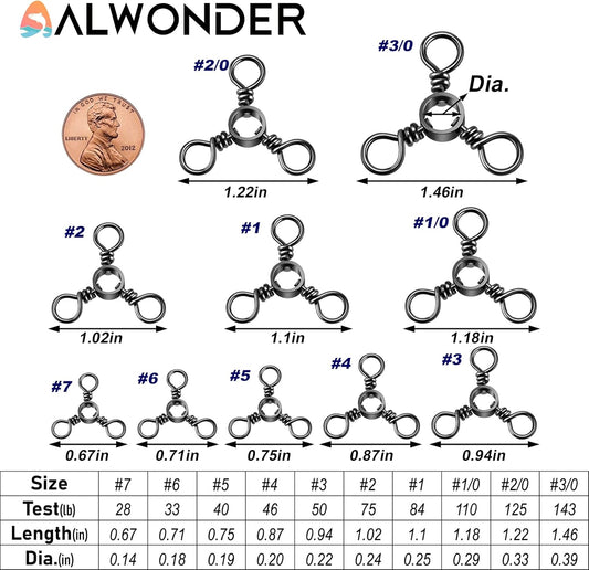 100-Pack 3 Way Swivels Fishing Tackle, 28-143LB Stainless Steel Black Nickel Three Swivel Connectors Saltwater Freshwater Surf Deep Drop Catfishing Rigs Tackle #5-40LB-100 Pack