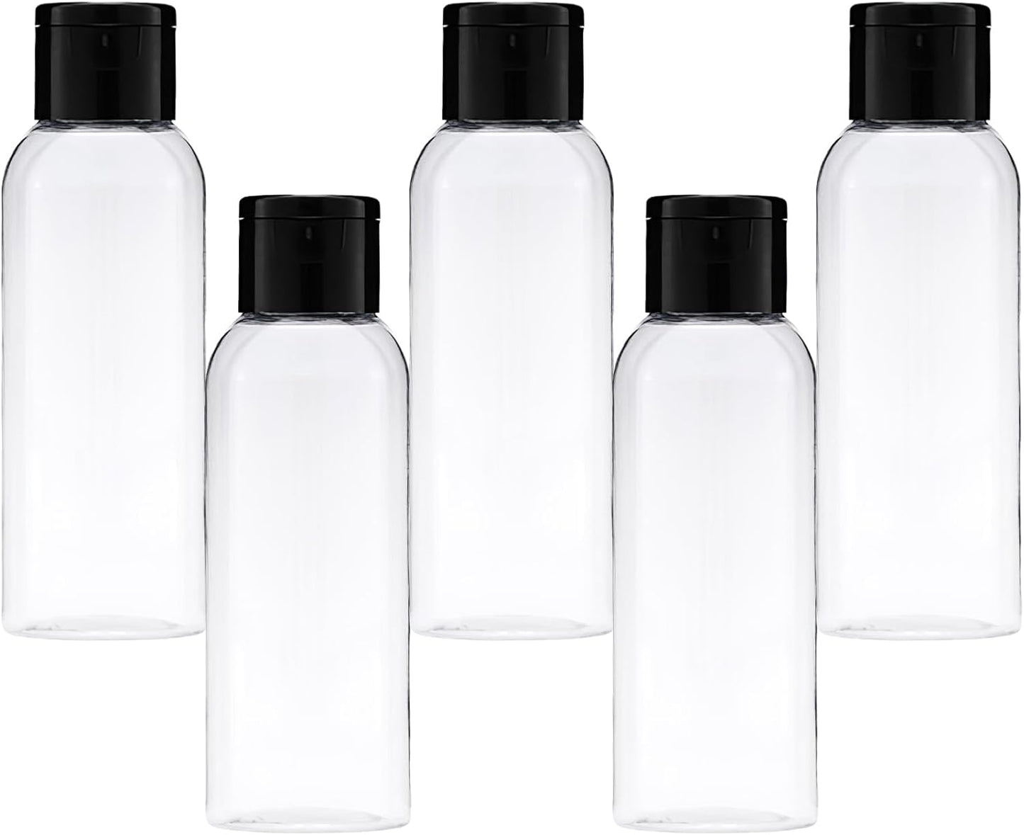 5-piece travel bottle set with flip-cap, 60 ml refillable plastic bottles, empty dispenser for shampoo, travel size, lotion, essential oils, makeup remover, transparent and leak-proof