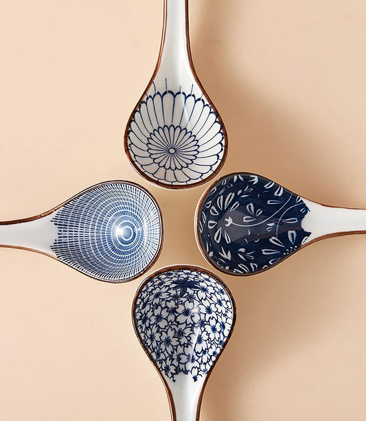 Ceramic Soup Spoons Sets of 4,Asian Soup Spoons,Long Ramen spoons,Japanese soup spoons for Pho,Wonton,Noodles,Chinese Ceramic Rice Spoons,4Pcs