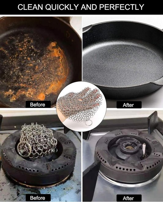 Cast Iron Cleaner, 2 Pack Stainless Steel Chainmail Scrubber for Cast Iron Pan Pot Skillet Brush Scraper Scrub Cleaner (7IN& 5IN Round).