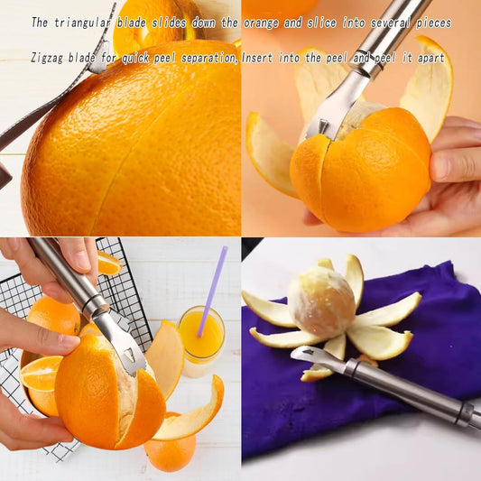 2PCS Stainless Steel Orange Peeler,Grapefruit Peeler,Easy to Peel, Long Handle Orange Citrus Peeler Tool, Triangular-Blade & Zigzag-Shovel Orange Peeler Gadget(2PCS)