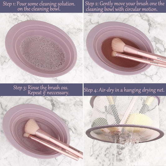Makeup Brush Cleaning Mat & Hanging Drying Net, Foldable Silicone Makeup Brush Cleaner Brush Cleaning Pad cleaning bowl with Mesh Drying Rack Basket to dry Makeup Sponge, powder puff, brush (Purple)