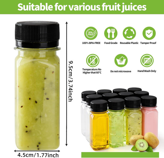12 pcs 2oz Small Plastic Juice Bottles with Lids,Reusable Leak proof Ginger Shots Bottle with Black caps, Wellness Mini Jars Plastic Containers for Smoothie, Water, Milk and Other Beverages