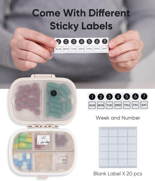 Travel Pill Organizer, 8 Compartments Portable Pill Case, Daily Pill Box to Hold Vitamins, Small Pill Container for Pocket Purse Medicine Organizer(Khaki)