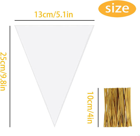 200 Pcs Clear Cone Bags Triangle Goody Bags Plastic Bags with Twist Ties Clear Cello Cellophane Bags Transparent Party Treat Sweets Bags for Baking Candy Wrapping