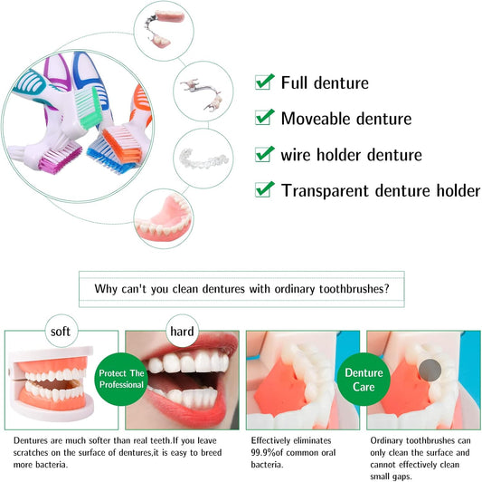 4Pcs Denture Brush Dual Head Toothbrushes, Portable Denture Brush with Soft Bristles and Dual Angled, Hard Denture Cleaning Brush for Denture Care Denture Toothbrush