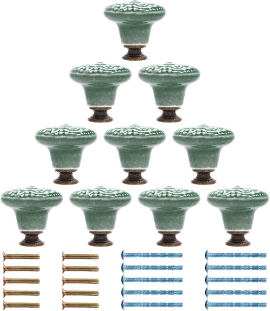 Green Ceramic knobs, Kitchen Cabinet Knobs, Retro Dresser Knobs, Drawer Knobs, Furniture Decorative Knobs and Pulls for Drawer, Dressers, Cupboard, Closet, 34mm / 1.3Inch Diameter(10Pcs)