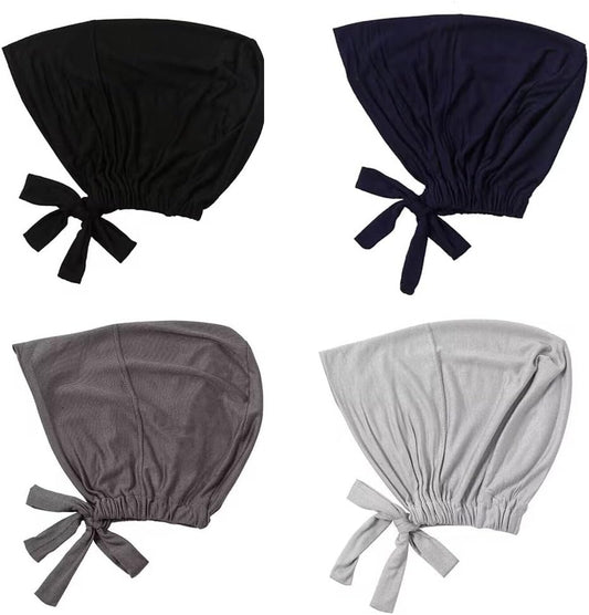 4 Pcs Women Hijab Undercap Muslim Inner Beanies Cap with Tie Back Closure Adjustable Underscarf Hat Chemo Turban Cap