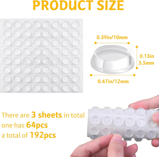 Cabinet Door Bumpers 192 Pcs Self Adhesive Sound Dampening Bumpers Pads, Clear Round Rubber Feet for Surface Protection and Furniture Noise Reduction, Drawers, Cupboard, Picture Frames, Door