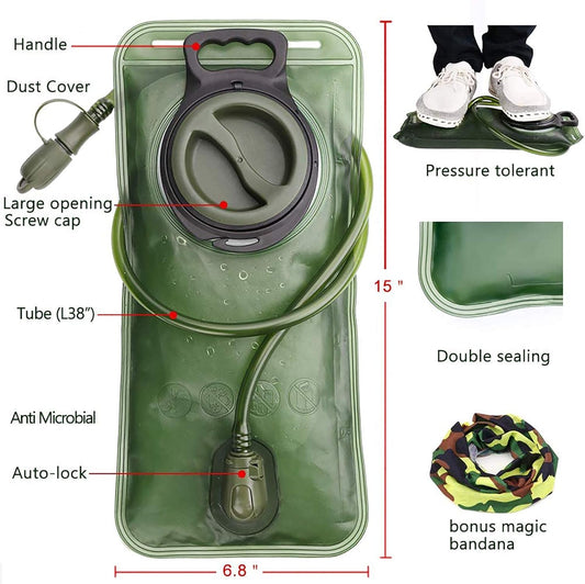 Hydration Bladder, 2L Water Bladder for Hiking Backpack Leak Proof Water Reservoir Storage Bag, 2 Liter BPA-Free Water Pouch Hydration Pack Replacement for Camping Cycling Running, Military Green