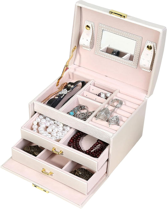 Three-Layer Jewelry Organizer Box with PU Handle, Lockable Display Case for Earrings, Necklaces, Rings – White