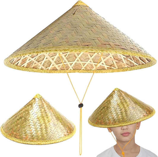 Retro Chinese Bamboo Rattan Fisherman Hat, Handmade Weave Bucket Hat, Rice with Adjustable Rope, 14 Inch Fishing Sunshade Cap for Farmer Fishing, Light Yellow