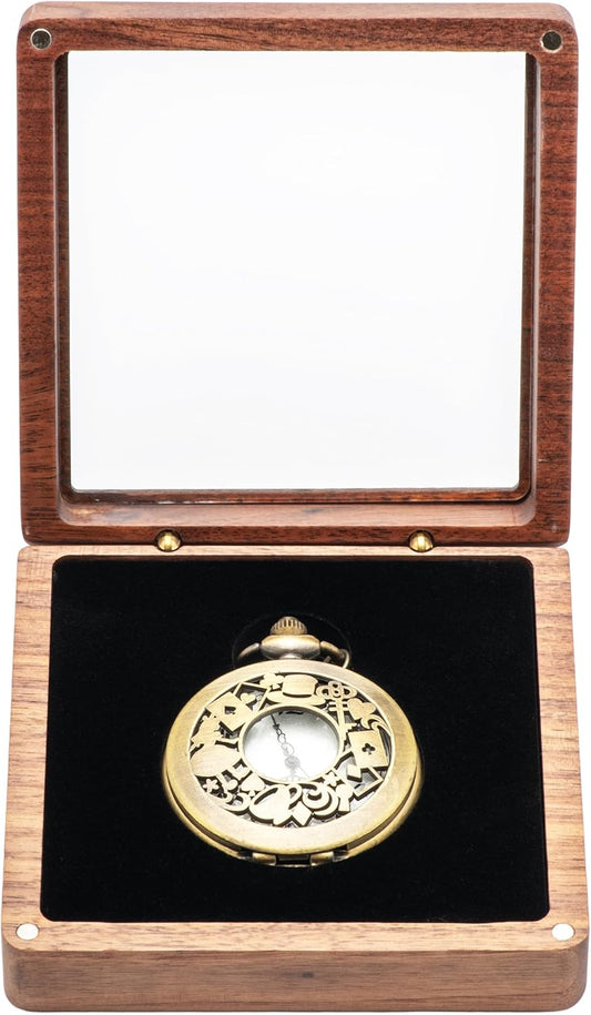 Walnut Wood Pocket Watch Gift Box with Clear Acrylic Lid Portable Single Pocket Watch Display Storage Travel Case Organizer for Men Women (Black Inner)