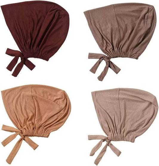 4 Pcs Women Hijab Undercap Muslim Inner Beanies Cap with Tie Back Closure Adjustable Underscarf Hat Chemo Turban Cap