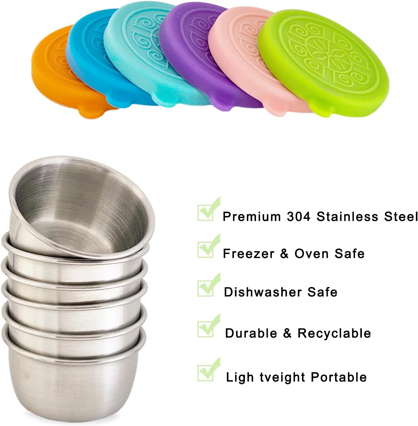 6-Pack Salad Dressing Food Storage Containers with Leakproof Silicone Lids, 50ml Stainless Steel Condiment & Dipping Sauce Cups Ideal for Lunch Bento Boxes