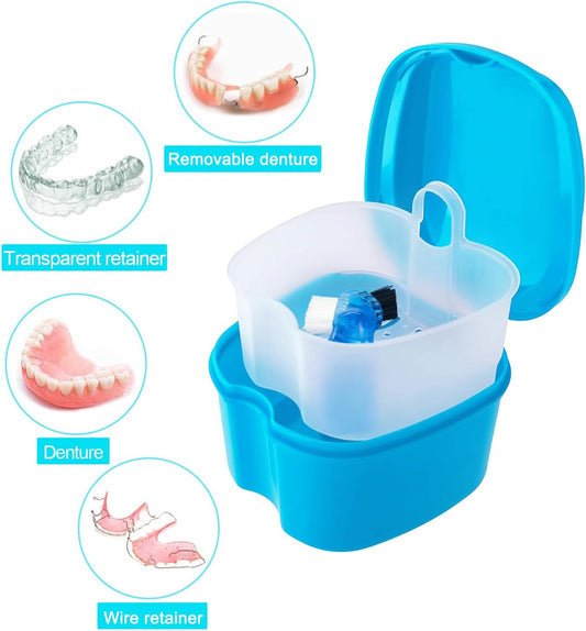 Denture Cup Orthodontic Retainer Case, Denture Bath Box Dental Mouthguard Case Cleaning with Brush, Strainer Basket and Lid Waterproof - Blue