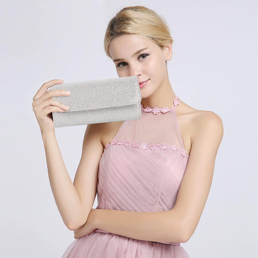 Evening Bag Clutch Purses for Women, Ladies Sparkling Party Handbag Wedding Bag, Silver