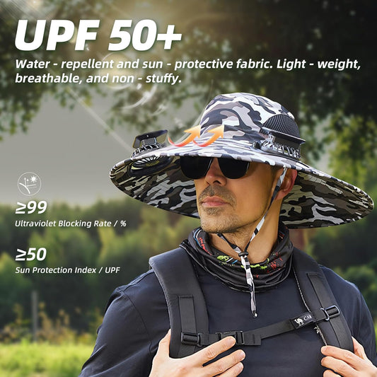 Wide Brim Solar Fan Hat Outdoor 2 Solar Fan Sun Bucket Hat for Men Women Fishing Hat with Removable & USB Charging Fan