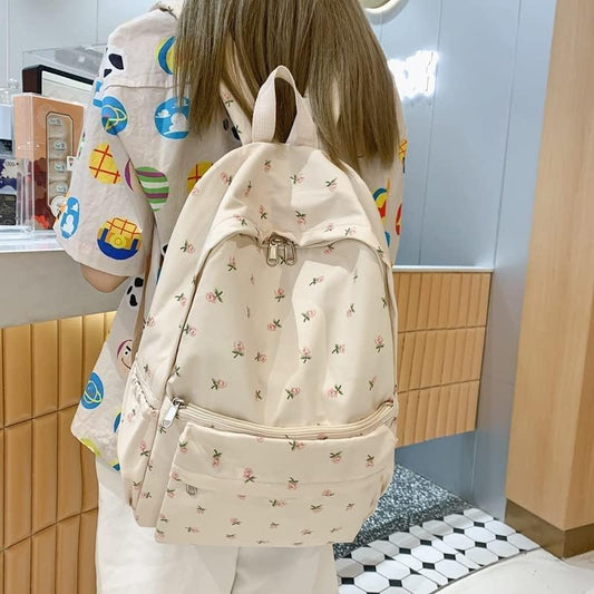 2025 Cute Preppy Bag Floral Printed Kawaii Backpack Cottagecore Aesthetic Backpack Laptop Daypack, White, Daypack Backpacks