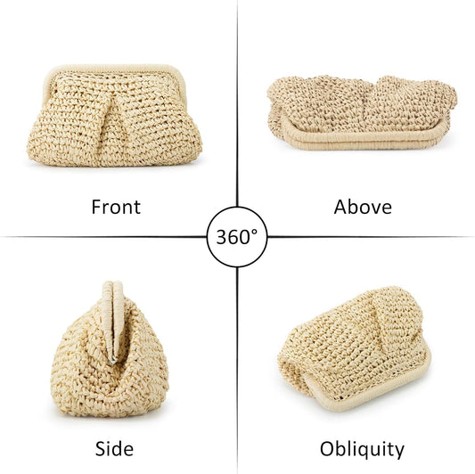 Straw Clutch Purse for Women Cloud Dumpling Pouch Straw Crossbody Shoulder Handbag Summer Beach Woven Bag