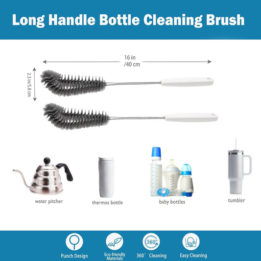15.7" (40cm) Flexible Long Black Bottle Cleaning Brush for Kitchen and Dining - Perfect for Baby Bottles, Sports Bottles, Glassware, Mugs, Jars, and Stemware (2-pc)