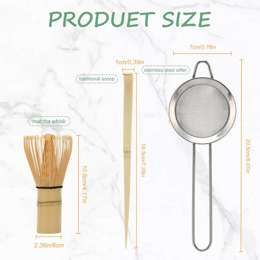 Matcha Whisk Set,Bamboo Matcha Whisk Set,Bamboo Matcha Whisk (Chasen),Traditional Scoop (Chashaku),Stainless Steel Sifter,Japanese Tea Tools for Ceremony