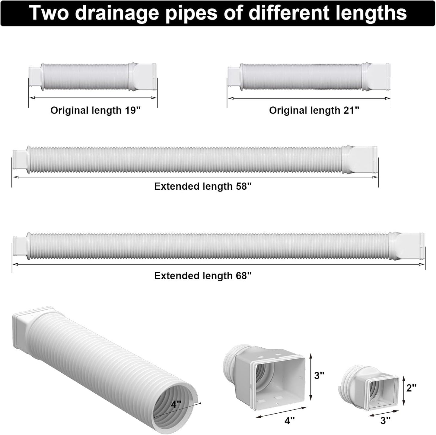 2 Pack Rain Gutter Downspout Extensions, Flexible Downspout Extender with 58"+68" Extendable Pipes for Rain Water Drainage, Durable Down Spout Drain Extension with Connector (White)