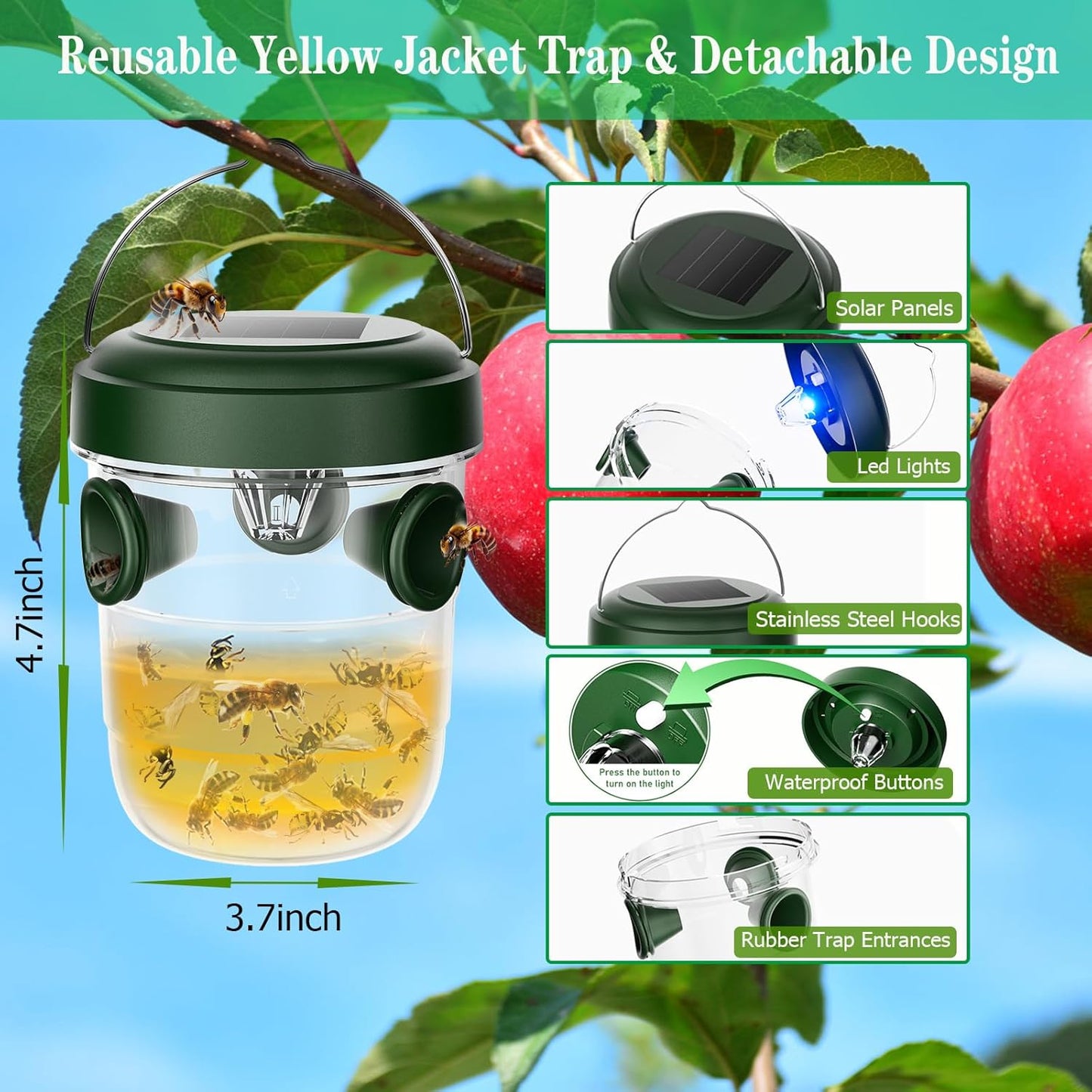 Wasp Traps Outdoor Hanging 2 Packs, Solar Powered Carpenter Bee Trap Yellow Jacket Hornet Catcher with LED Light, Reusable Wasp Deterrent Outdoor for Garden, Patio, Backyard, Camping