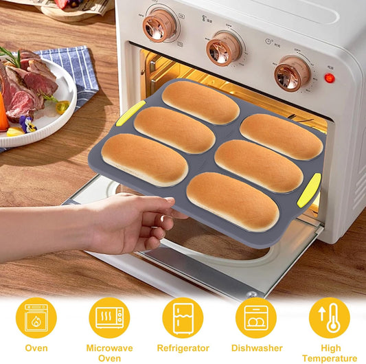 Hot Dog Bun Pan, Baguette Sandwich Baking Tray, with Oil Brush, Non-Stick Mold for French Bread, Sandwiches, Microwave, Oven Safe (A)