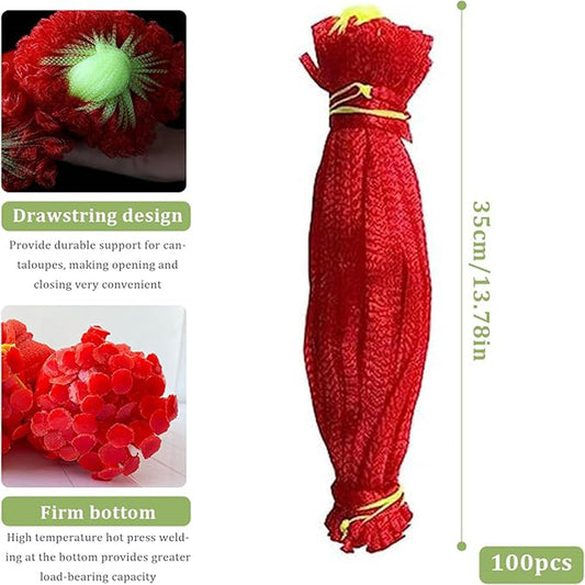 100Pcs Resuable Nylon Mesh Bags,Red Hanging Watermelon Net Bag,13.8"L Thicker Reusable Fruit Net Bag for Hanging Watermelon,Honeydew Melon,Vegetables,Load Capacity 1.5kg