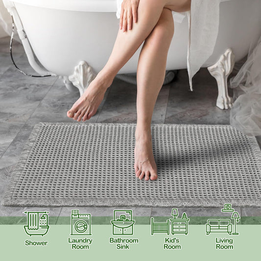 Grey Waffle Bath Mat,Super Absorbent Non Slip Bathroom Rug,Gray 18x30inch,Machine Washable Ultra Soft Floor Mats