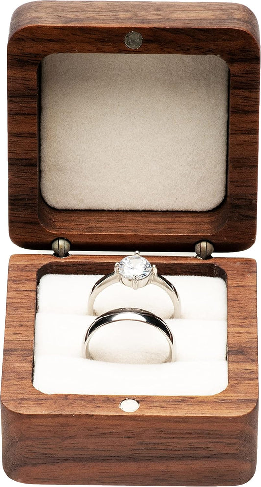 Square Solid Wood Double Ring Box Case for Wedding Ceremony Engagement Proposal,Wooden Ring Holder for 2 Rings (Beige Inner)