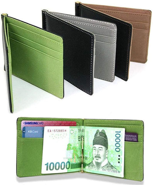 Simple Men Money Clip Wallets with Metal Clamp Women Slim Leather Purse Bank Card Slots Cash Holder for Man-Black