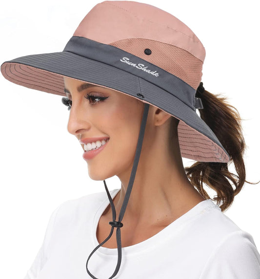 Sun Hat for Women Summer UV Protection Beach Hat Wide Brim Mesh Bucket Fishing Hat with Ponytail Hole Foldable Packable Hat