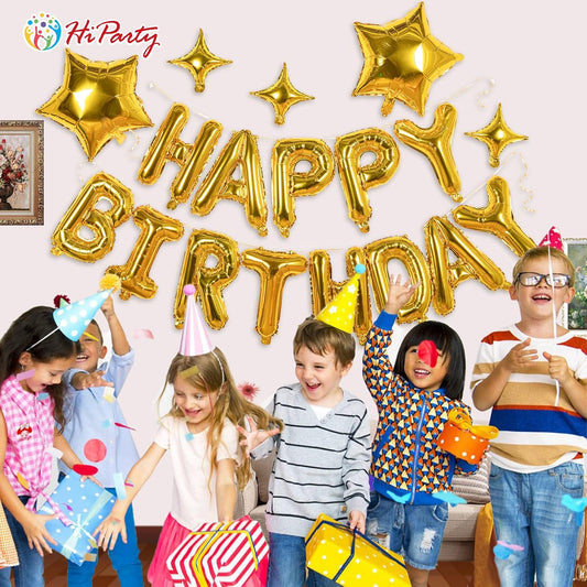 23pcs Birthday Balloons Banner, 3D Gold Premium Mylar Foil Ecofriendly Letter Happy Birthday Banner with 5pcs Star Balloons Kits for Kids Girls Boys Men Adults Birthday Party Decorations US7GD