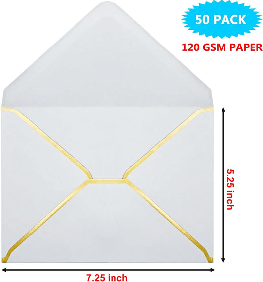 5x7 Envelopes for Invitations with Gold Border, 50 Pack A7 Envelopes with V-Flap, Self Seal Greeting Card Gift Card Envelopes Invitation Envelopes for Wedding, Graduation, Baby Shower, Party (White)