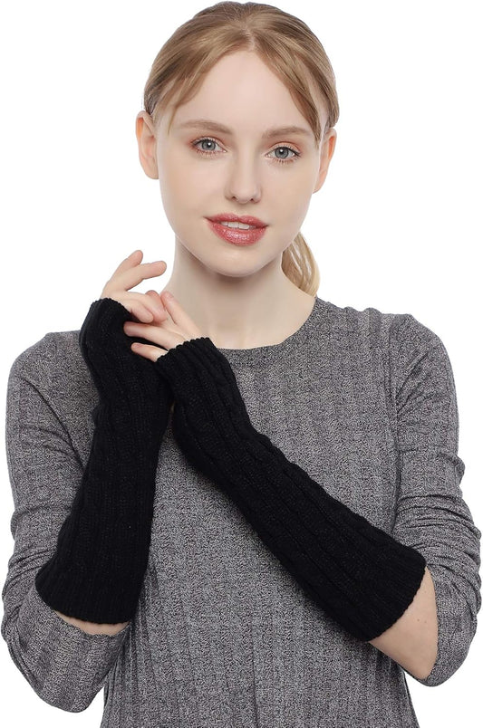 Flammi Women Cable Knit Arm Warmer Fingerless Gloves Thumb Hole Gloves Mittens (1 Pair)