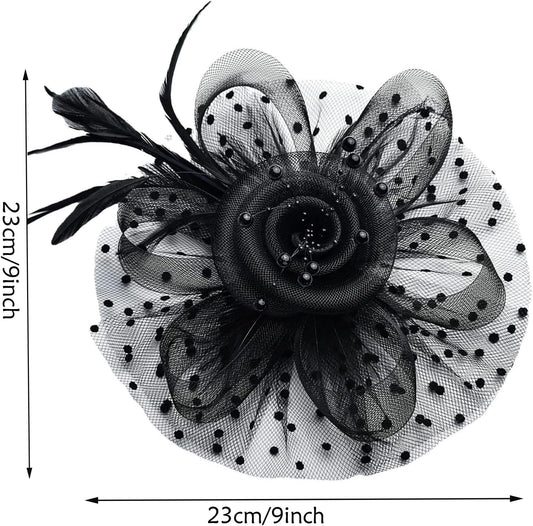 Fascinators For Women,Mesh Feather Fascinator Hats,Headband Hair Clip Net Veil Headwear, Party Evening Dress Female Veil Gauze Hair Accessories(Black)