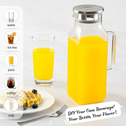 2 Quart (2 Liter 68 oz) Square Glass Pitcher with Lid and Spout, Water Pitchers Handle for Fridge, Borosilicate Carafe Hot/Cold Drink, Large Jug Iced Tea, Coffee,Juice,Milk,Beverage Clear 67.6 Ounces