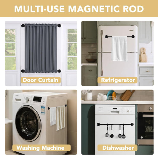 1 PACK Magnetic Curtain Rods for Metal Doors 16" to 28", 1/2 Inch Diameter Adjustable French Door Rod Classroom Whiteboard Cafe Towel Bar Holder, Black 16"-28"