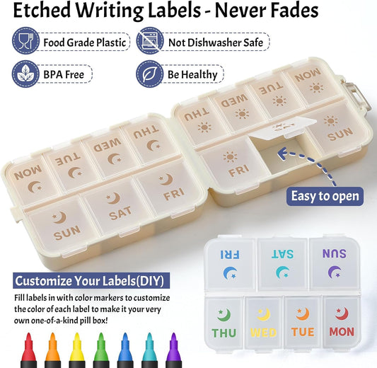 NEW Foldable & Double Protection Portable Weekly Pill Organizer 2 Times A Day with Etched Labels, AM PM 7 Week Medicine Box, Daily Travel Case Holder Dispenser for Vitamin, Supplement - Khaki