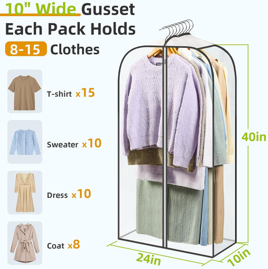 2 Pack Clear Garment Bags for Hanging Clothes with Zippers on Double Sides - 10'' Storage Coat, Dress, and Fur in Closet 40'' Long Suit